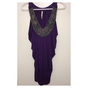 purple dress with beaded neckline